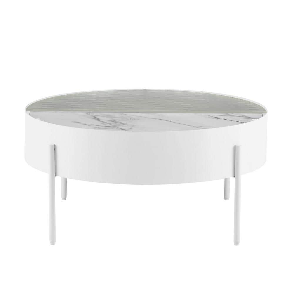 White Calacatta Marble Round Coffee Table with Fluted Glass