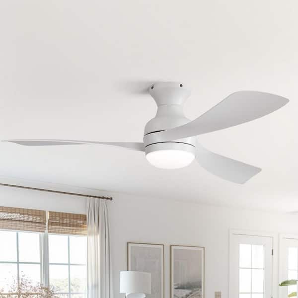 52 in. Indoor/Outdoor Integrated LED Flush Mount White Ceiling Fan with Light and Remote