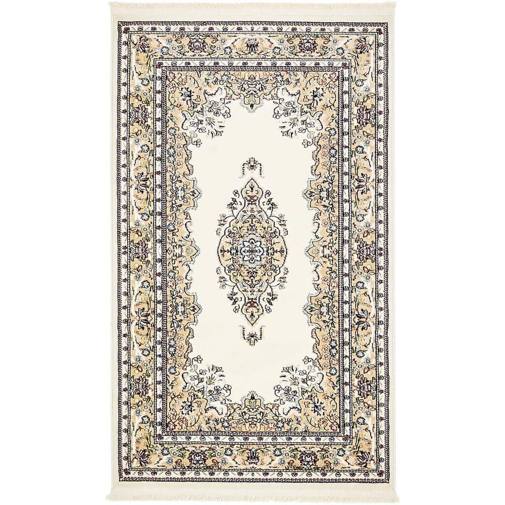 Ivory and Beige Rectangular Synthetic Stain-Resistant Rug