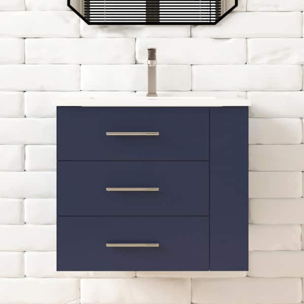 Rita 24.25 in. Single Sink Wallmount Bath Vanity with White Ceramic Countertop in Marine Blue with Right Side Shelf