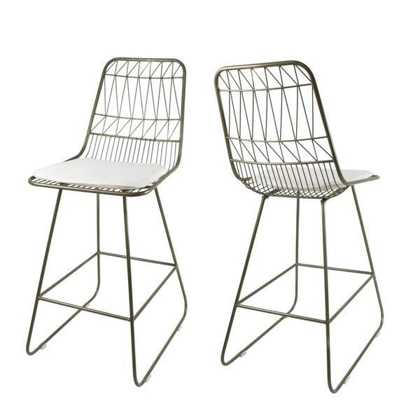 2-PC Gold Modern Metal Outdoor Bar Stools with Beige Water-Resistant Cushions, Iron Frame & Geometric Design for Garden