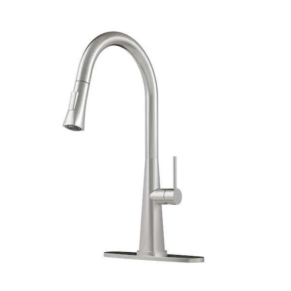 Boyel Living 2-Spray Patterns Single Handle Pull Down Sprayer Kitchen Faucet with Deckplate and Water Supply Hoses in Brushed Nickel