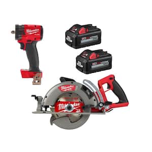 M18 FUEL 18V Lithium-Ion Cordless 7-1/4 in. Rear Handle Circ Saw w/3/8 in. Impact Wrench w/Two 6 Ah HO Batteries
