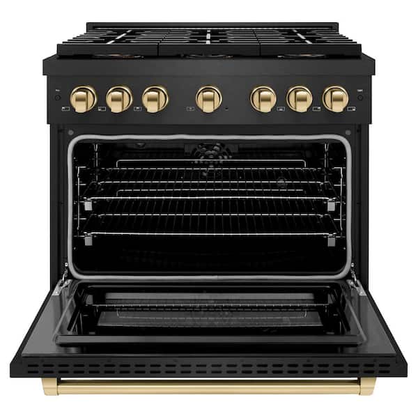 Autograph 36 in. 5.2 cu. ft. Paramount Dual Fuel Range with 6 Burner DuoPro Cooktop in Black Satin and Gold Accents