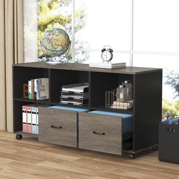 BYBLIGHT Atencio 2-Drawer Gray and Black Wood 47.2 in. W Lateral File Cabinet with Storage Shelves