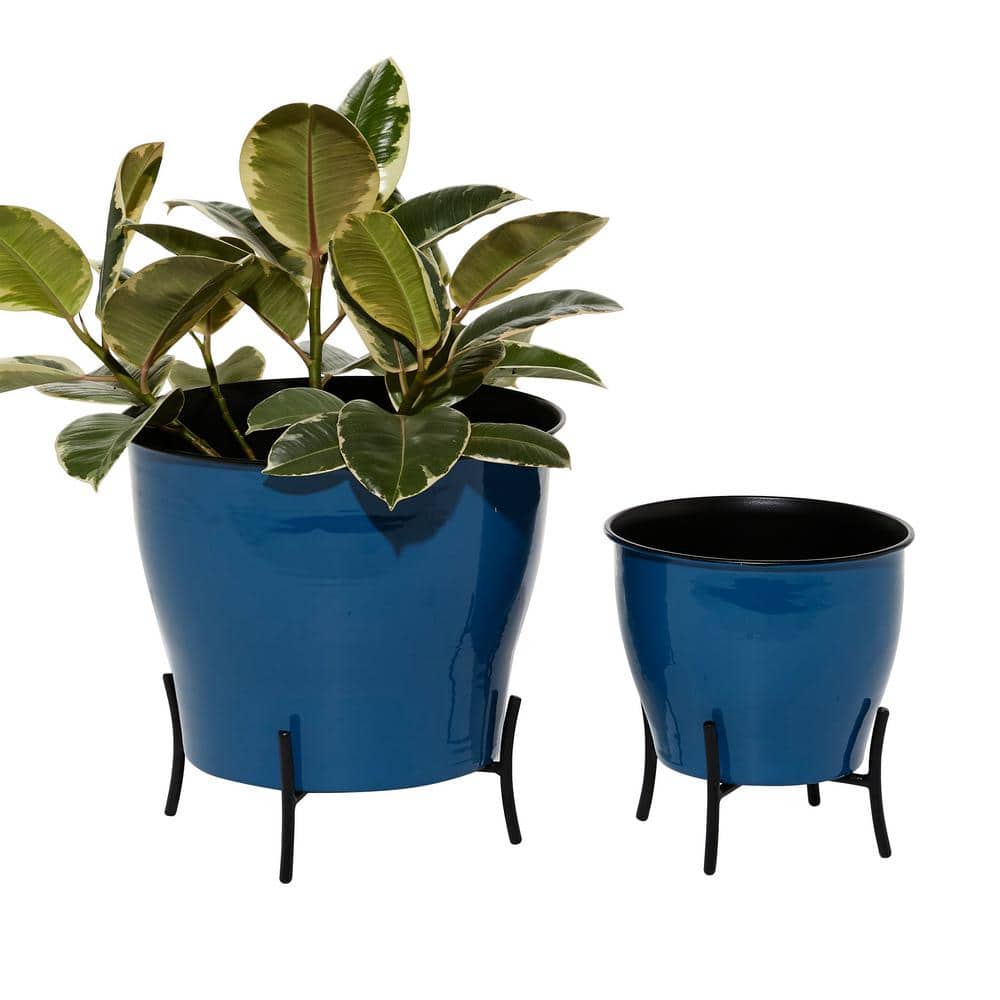 Blue Solid Round Metal Planter Set, 9" and 12"H with Gold X-Stands