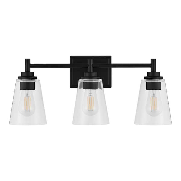 Wakefield 22 in. 3-Light Matte Black Modern Vanity Light with Clear ...