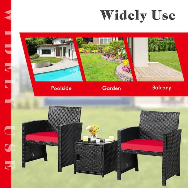 Costway 3pcs Patio Wicker Furniture Set Storage Table W/Protect Cover - Red