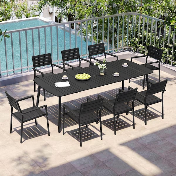 9-Piece Metal Aluminum Rectangular Patio Outdoor Dining Set with Stackable Arm Dining Chairs and Umbrella Hole, Black