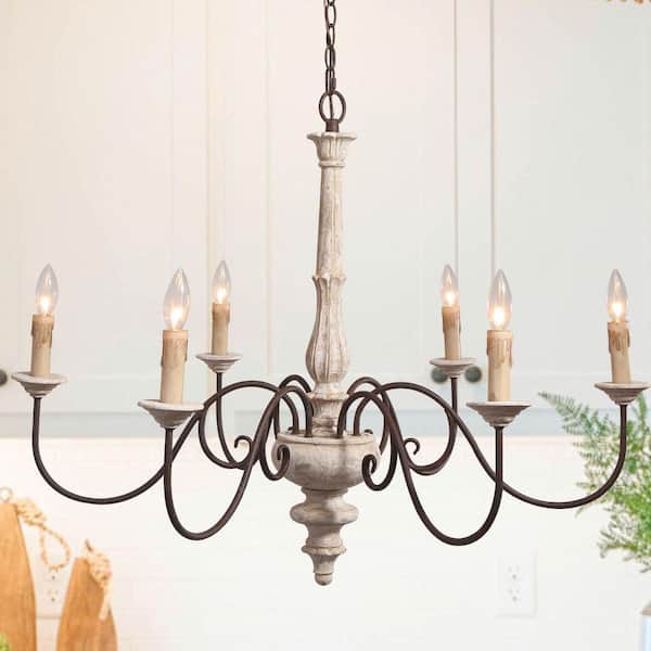 Estilo 6-Light Distressed White Farmhouse Chandelier 37 in. W Wood Candlestick Chandelier in French Country Flair style