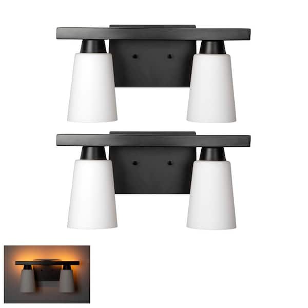 18 in. KESTLE 2-Light Black Vanity Light with Night Light Mode, E26 Med Bulb, White Frosted Glass Cylinder Shade, 2-Pack
