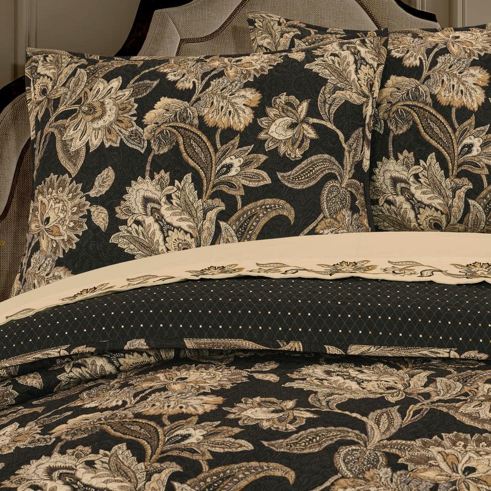 Montecito Black Jacobean Floral Full Microfiber Quilt Set
