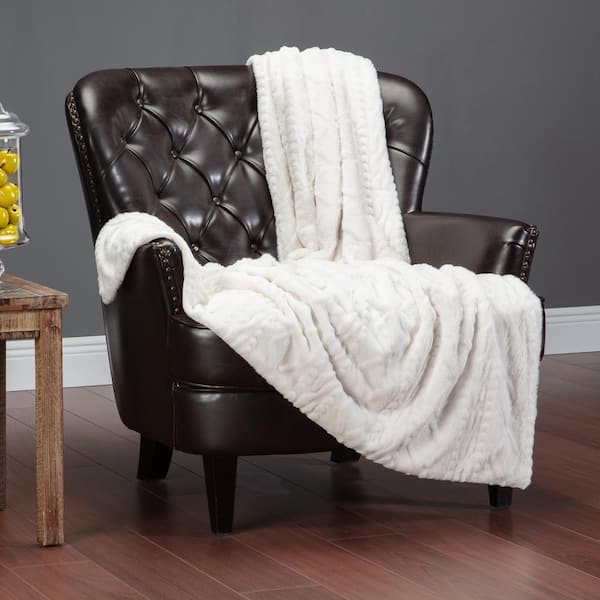 Embossed White Trestle Faux Fur Throw Blanket with Reversible Mink, 50 x 65 in.