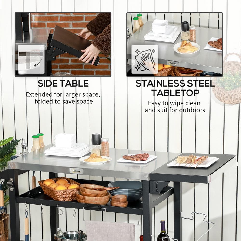 Stainless Steel Outdoor Grill Cart with Folding Side Table and Wheels