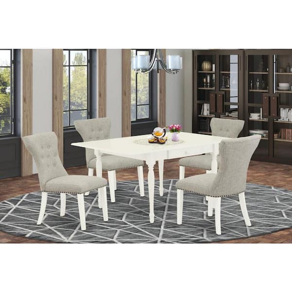 East West Furniture 5-Piece Linen White Finish Solid Wood Top - Button Tufted Dining Room Set with Dropleaf - Seats 4