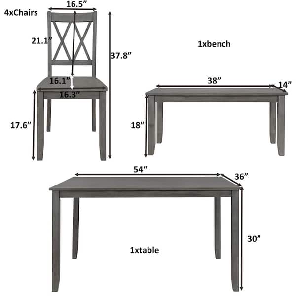 Qualfurn 6 Piece Antique Graywash Wood, Bench Dining Table Set Dimensions