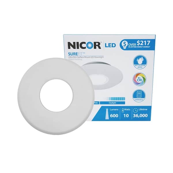 NICOR SureFit 9.6-Watt White Integrated LED Flush Mount with 2700K