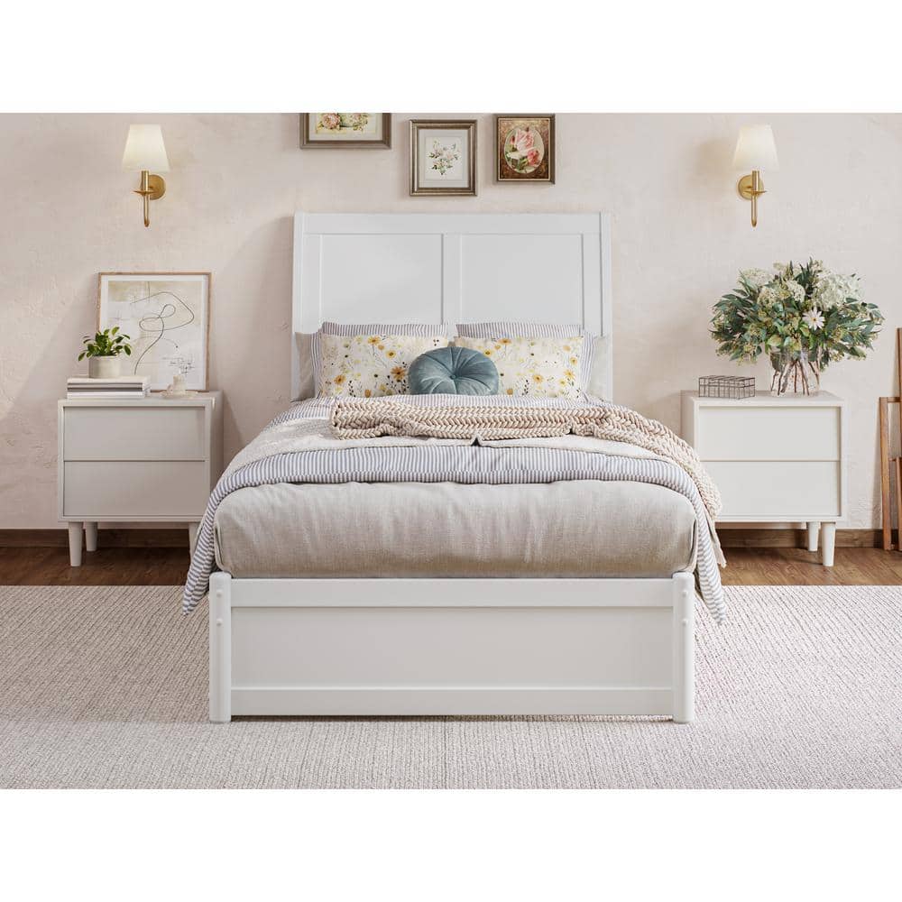 White Twin Wood Platform Bed with Storage Drawers and Slats