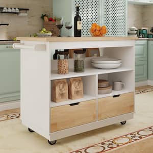 White Wood 46 in. Rolling Solid Rubber Tabletop Kitchen Island with-Drawers, Shelves, Wine and Spice Rack