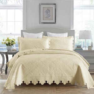 TK110 Beige Khaki Floral Queen Size Cotton Oversized Bedspread Set Coverlet Set Lightweight Quilt Set