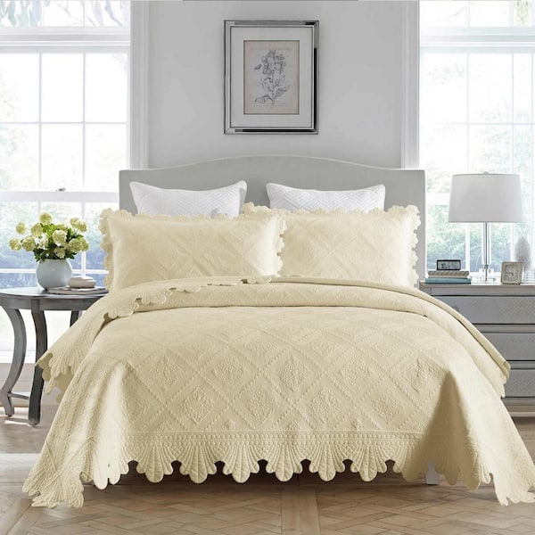 MarCielo TK110 Beige Khaki Floral Queen Size Cotton Oversized Bedspread Set Coverlet Set Lightweight Quilt Set