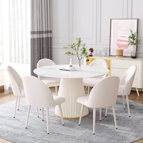 Magic Home 53.15 in. White Circular Rotable Sintered Stone Tabletop White Pedestal Base Kitchen Dining Table (Seats-6)