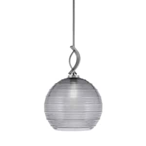 Olympia 1-Light Stem Hung Graphite, Mini Pendant-Light with Smoke Ribbed Clear Glass Shade, No Bulb Included