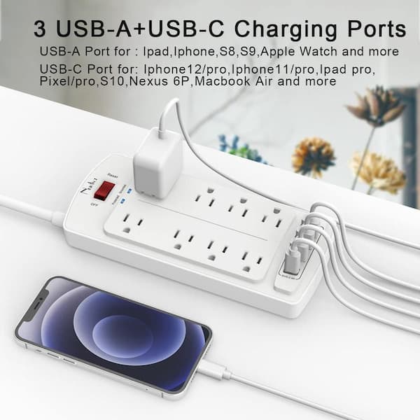 Flat Plug Power Strip Individual Switches, Extension Cord 6 feet, 4  Outlets, Surge Protector 300J, White, Baby Proof Outlet Cover 
