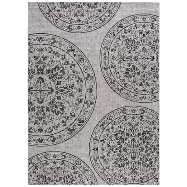 Courtyard Gray/Black 8 ft. x 10 ft. Oversized Floral Medallion Indoor/Outdoor Area Rug