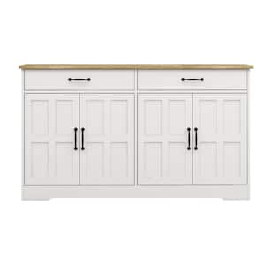 White and Natural Wood 55.90 in. Sideboard Buffet Cabinet with 4-Doors and 2-Drawers