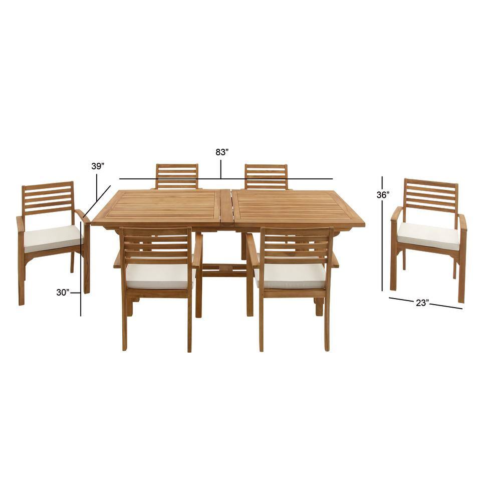 Brown Teak 7-Piece Outdoor Dining Set with White Cushions