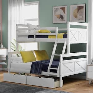 White Twin Over Full Bunk Bed with Ladder and 2-Storage Drawers