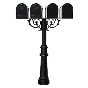 Hanford Quad Black Post Mounted System Non-Locking Mailbox with Scroll Supports, Fluted Base and 4 E1 Mailboxes