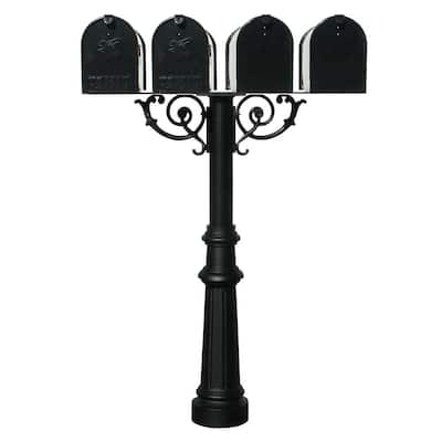 Hanford Quad Black Post Mounted System Non-Locking Mailbox with Scroll Supports, Fluted Base and 4 E1 Mailboxes