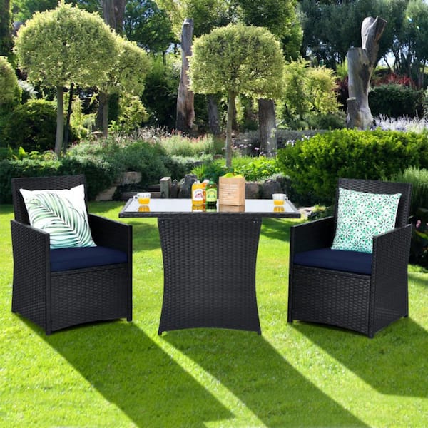 3-Piece Wicker Outdoor Patio Conversation Set Patio Rattan Furniture Set with Navy Cushion and Sofa Armres