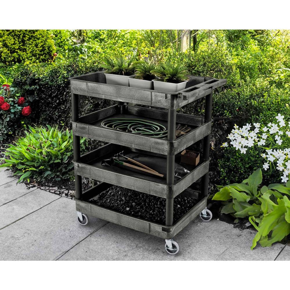 Black Thermoplastic Resin 4-Shelf Utility Cart with Wheels