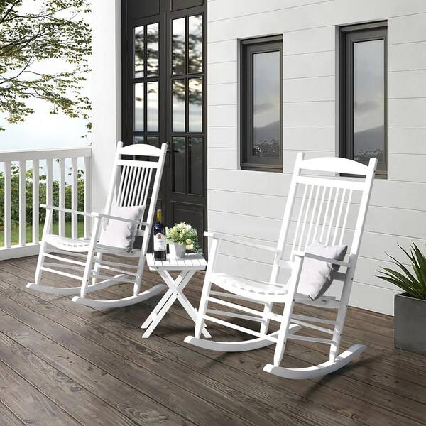 Veikous 3 Piece Solid Wood Patio Outdoor Rocking Chair Set In White Pg0207 01wh - White Wood Outdoor Furniture Set