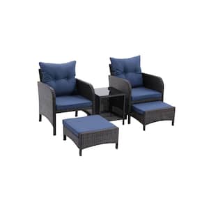 5-Piece Wicker Outdoor Patio Conversation Set with Peacock Blue Cushions, Ottomans and Coffee Table for Poolside Garden