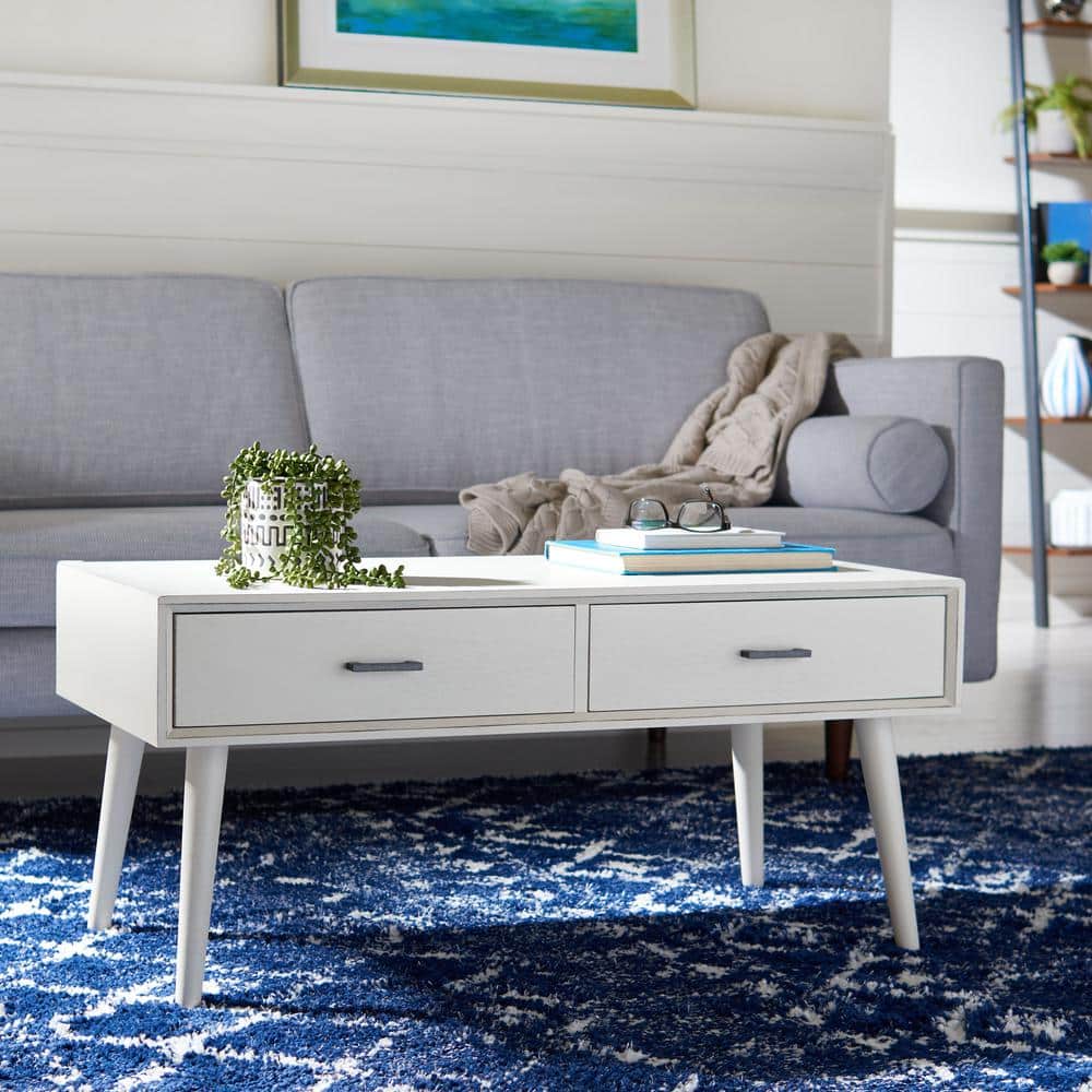 Mozart Mid-Century Rectangular Coffee Table with Storage - Distressed White