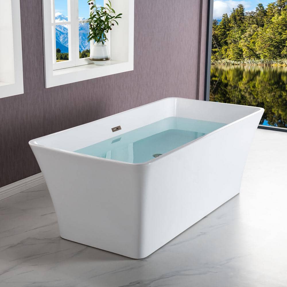 Echo 59'' White Acrylic Freestanding Soaking Bathtub with Brushed Nickel Trim