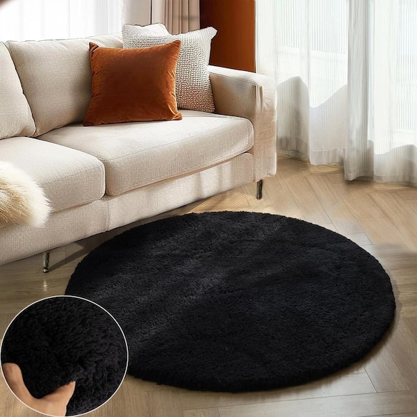 GHDG Solid Shag Black 3 ft. Furry Plush Fuzzy Round Rug Area Rug