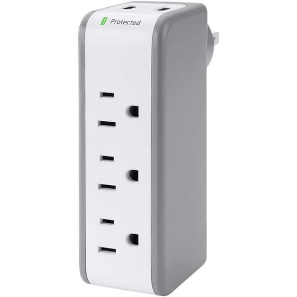 3-Outlet White Wall Mount Surge Protector with 2 USB Ports, Flat Rotating Plug, Wall Tap for Home andOffice