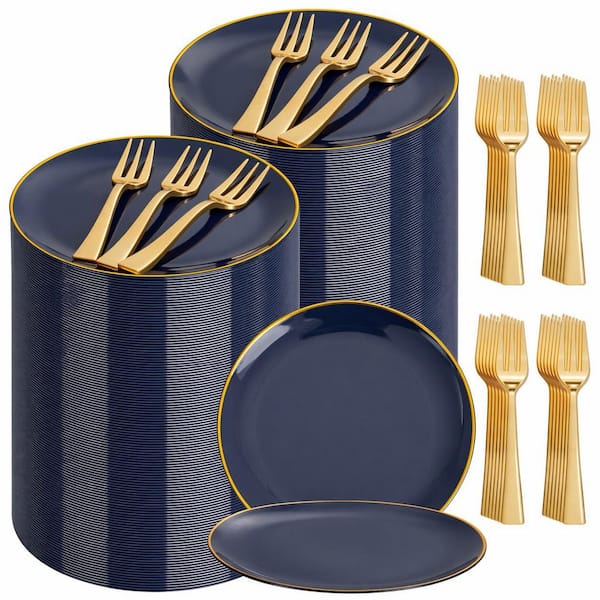 Navy Blue Gold Dessert Plates 6.3 in with 5 in Forks Bundle for 200 Plates and 200 Forks, Annual Parties