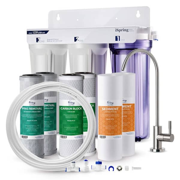ISPRING 3-Stage PFAS Reduction Under Sink Water Filter System, , w/ Extra Filters and Fridge/Ice Maker Kit