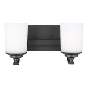 Kemal 13.75 in. 2-Light Matte Black Traditional Wall Bathroom Vanity Light with Etched White Glass Shades