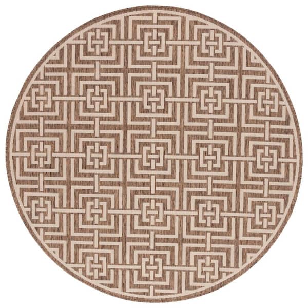 SAFAVIEH Beach House Beige/Cream 7 ft. x 7 ft. Round Geometric Fretwork Indoor/Outdoor Area Rug