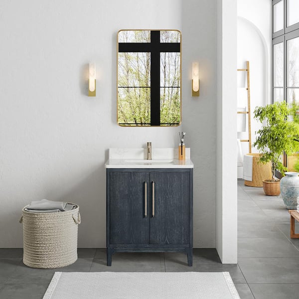 ROSWELL Gara 30 in. W x 22 in. D x 33.9 in. H Single Sink Bath Vanity in Blue with White Grain Composite Stone Top