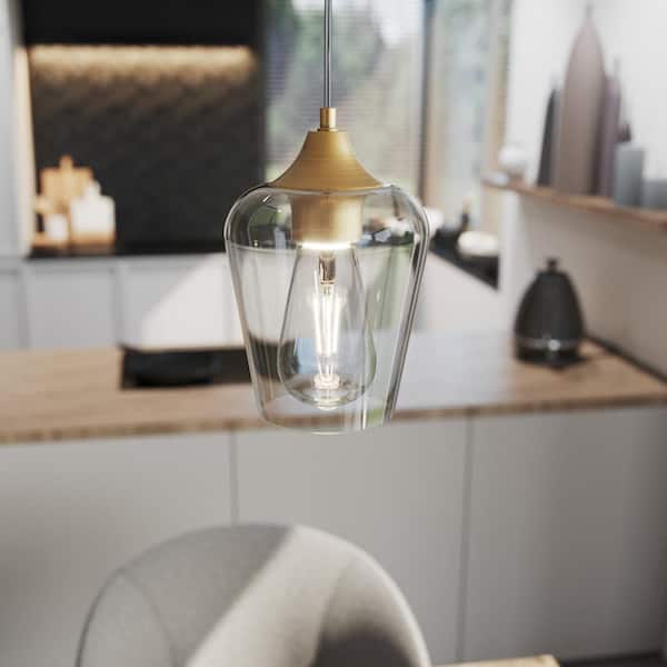 1-Light Antique Brass Pendant Ceiling Light with Glass Shade