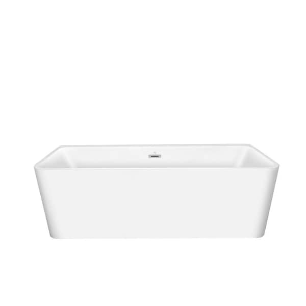 VANITYFUS 59 in. Acrylic Freestanding Flatbottom Double Ended Rectangular Soaking Bathtub in White with Brass Drain