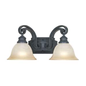 17.25 in. Barcelona 2-Light Natural Iron Spanish Style Bathroom Vanity Light with Ochre Glass Shades